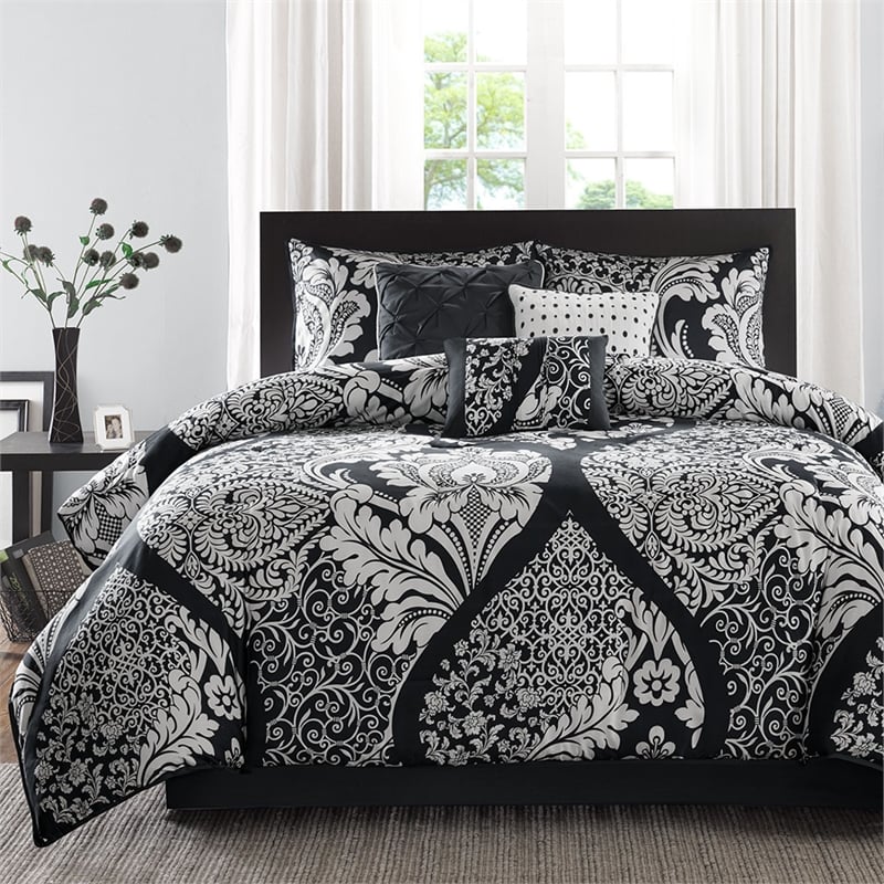 Madison Park Vienna 7-Piece Transitional Cotton Printed Comforter Set - Black