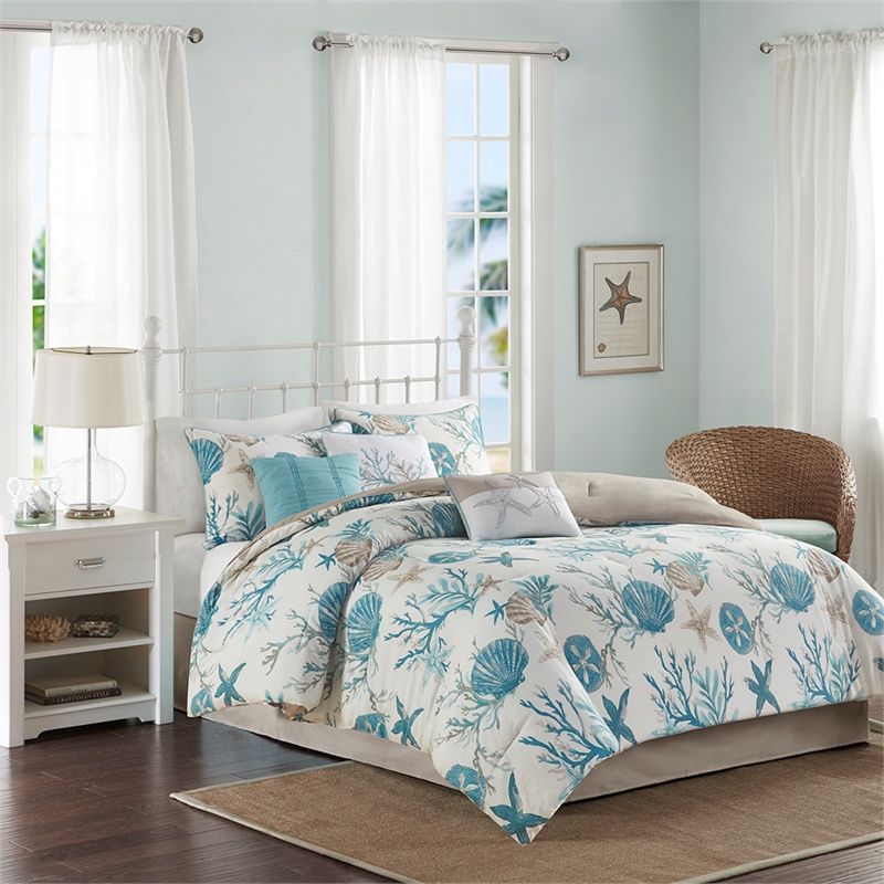 Madison Park Pebble Beach 7-Piece Cotton Sateen Comforter Set in Blue