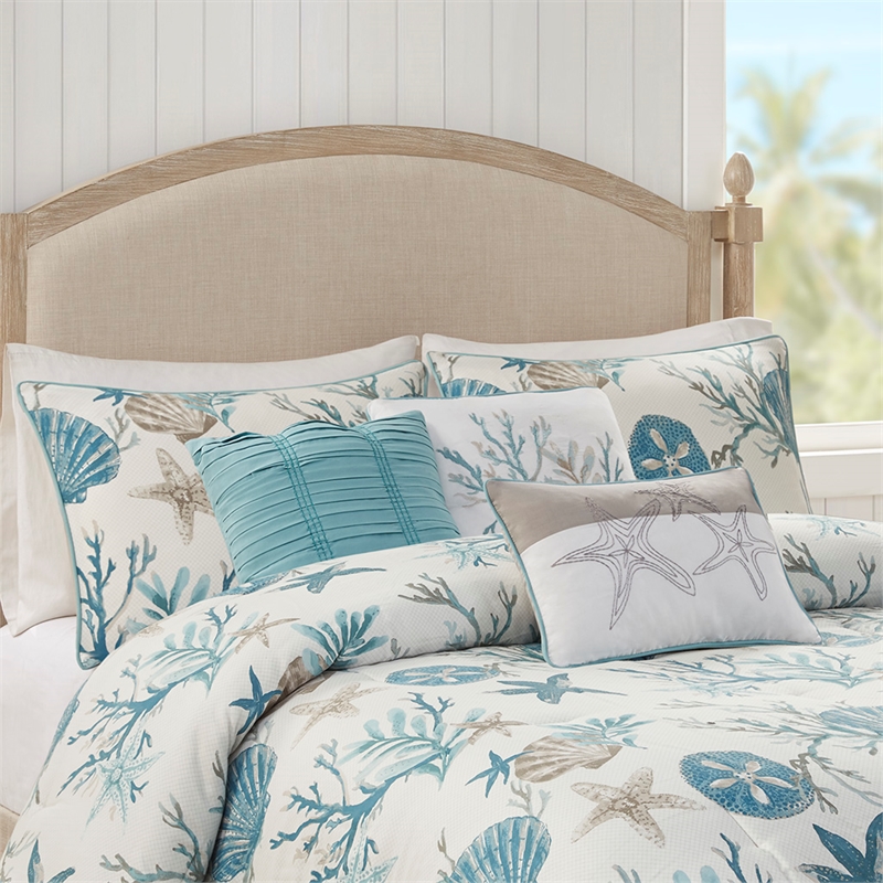 Madison Park Pebble Beach 7-Piece Cotton Sateen Comforter Set in Blue