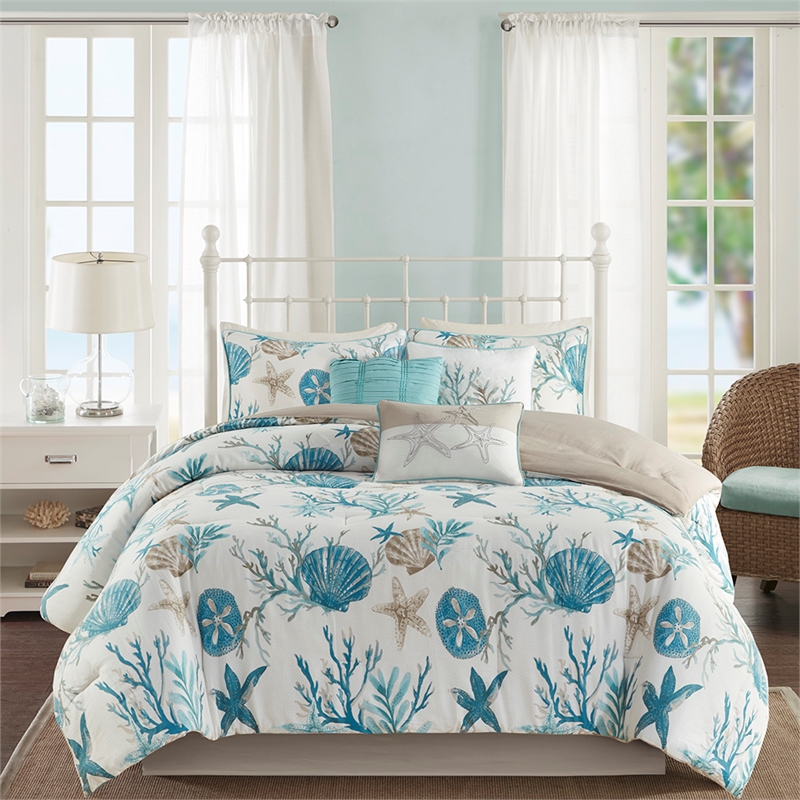 Madison Park Pebble Beach 7-Piece Coastal Cotton Sateen Comforter Set in Blue