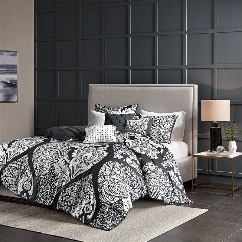 Madison Park Vienna 6-Piece Transitional Cotton Printed Duvet Cover Set in Black