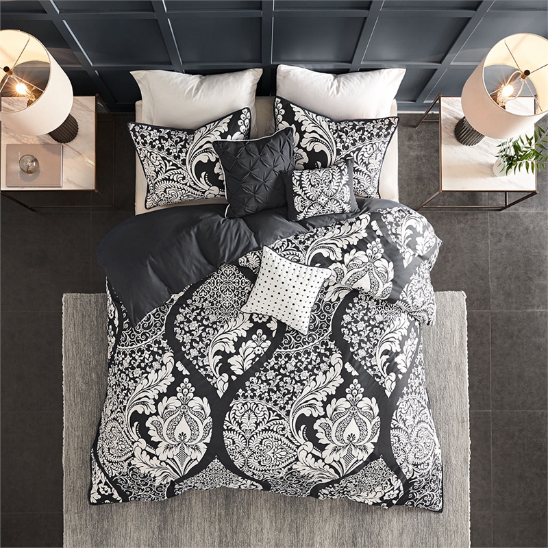 Madison Park Vienna 6-Piece Transitional Cotton Printed Duvet Cover Set in Black