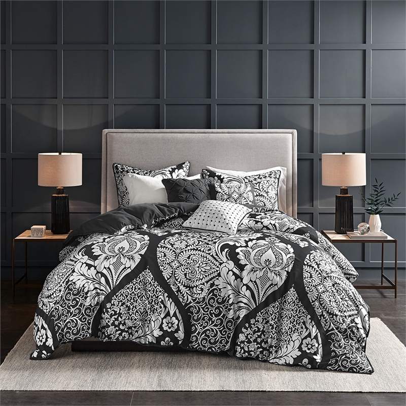 Madison Park Vienna 6-Piece Transitional Cotton Printed Duvet Cover Set in Black