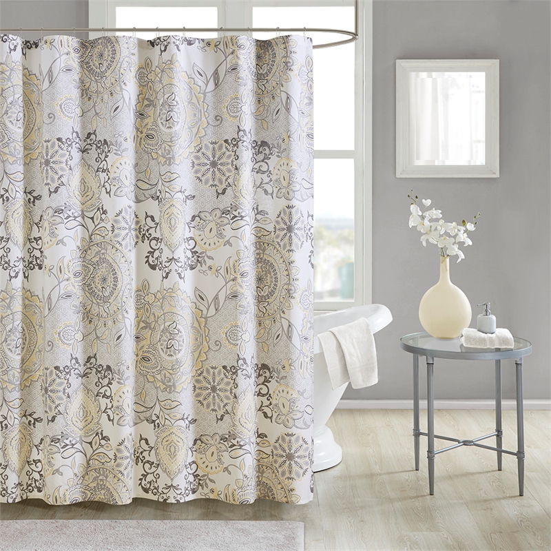 Madison Park Isla Contemporary Printed Cotton Shower Curtain in Yellow