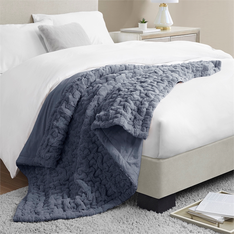 Madison Park Ruched Fur Modern Style Fabric Throw in Slate Blue Finish