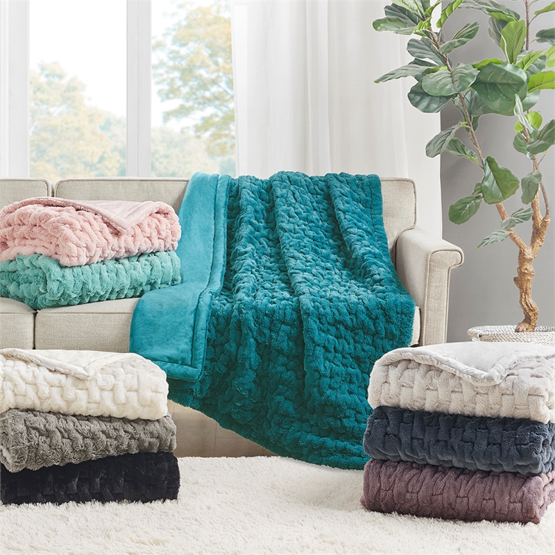 Madison Park Ruched Fur Modern Style Fabric Throw in Slate Blue Finish