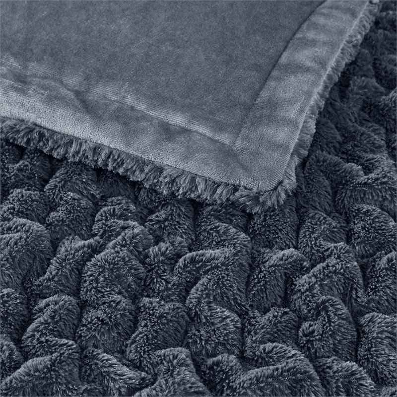Madison Park Ruched Fur Modern Style Fabric Throw in Slate Blue Finish