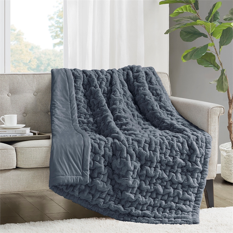 Madison Park Ruched Fur Modern Style Fabric Throw in Slate Blue Finish