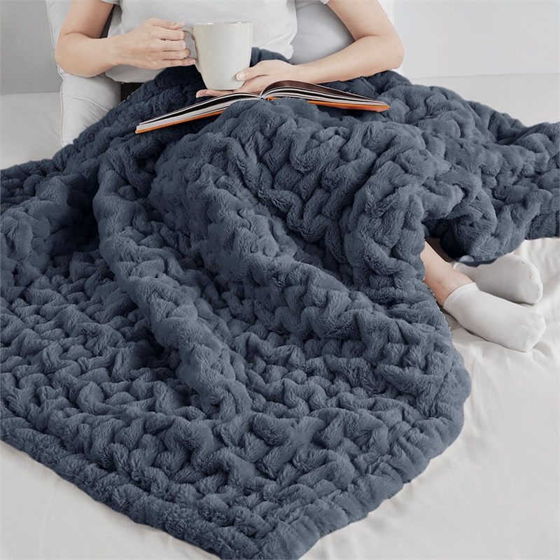 Madison Park Ruched Fur Modern Style Fabric Throw in Slate Blue Finish