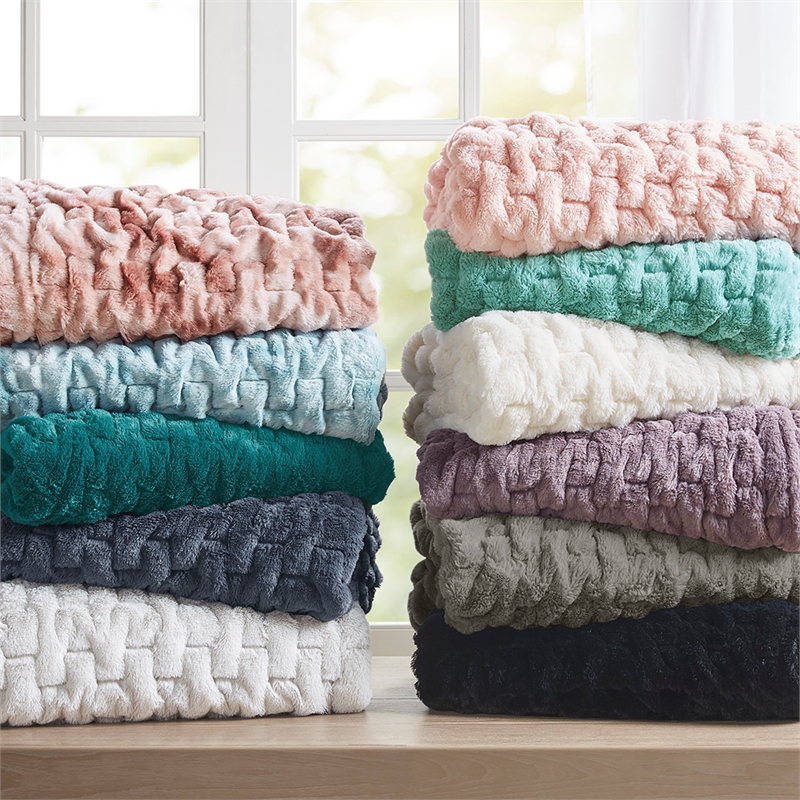 Madison Park Ruched Fur Modern Style Fabric Throw in Slate Blue Finish