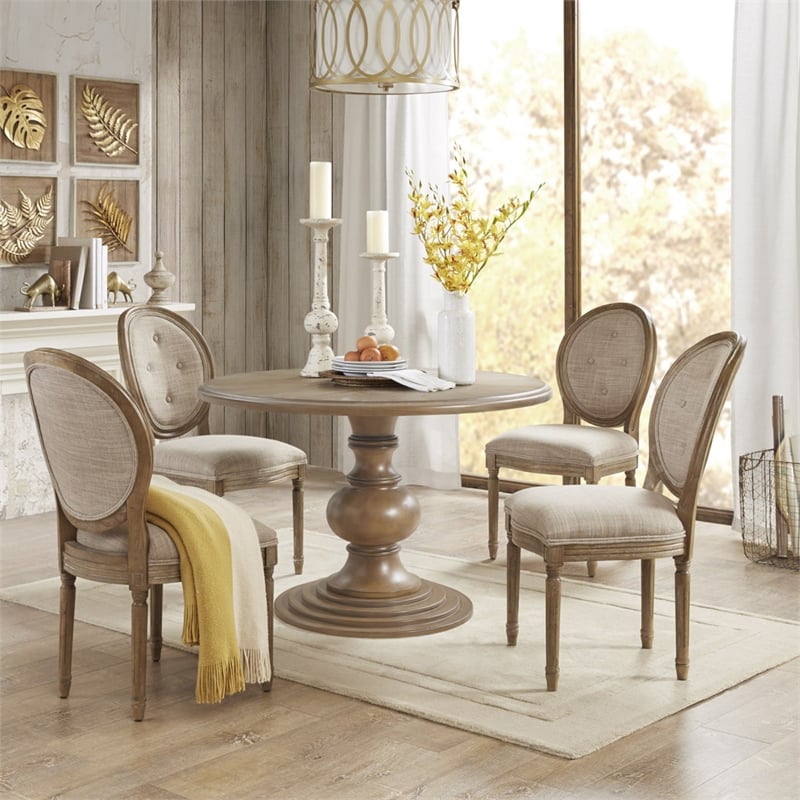 Madison Park Lexi Round Farmhouse Wood Pedestal Dining Table in Walnut