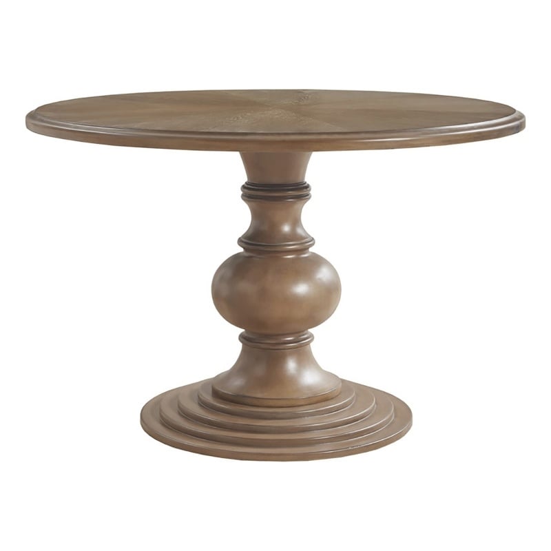 Madison Park Lexi Round Farmhouse Wood Pedestal Dining Table in Walnut