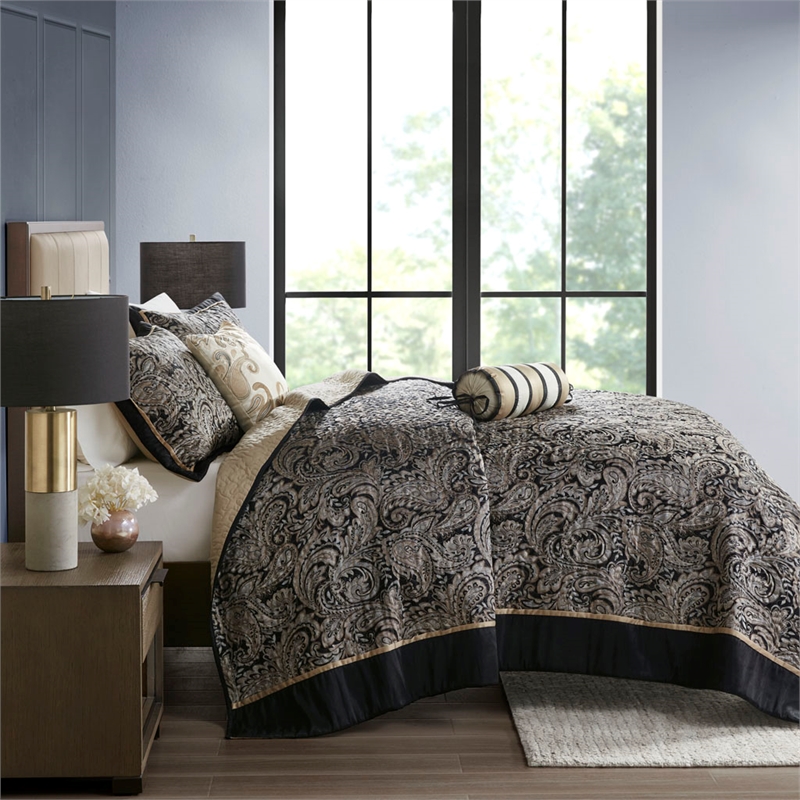 Madison Park Aubrey 5-Piece Cotton Reversible Jacquard Bedspread Set - Black
