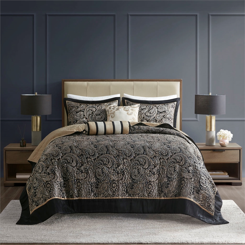 Madison Park Aubrey 5-Piece Cotton Reversible Jacquard Bedspread Set in Black