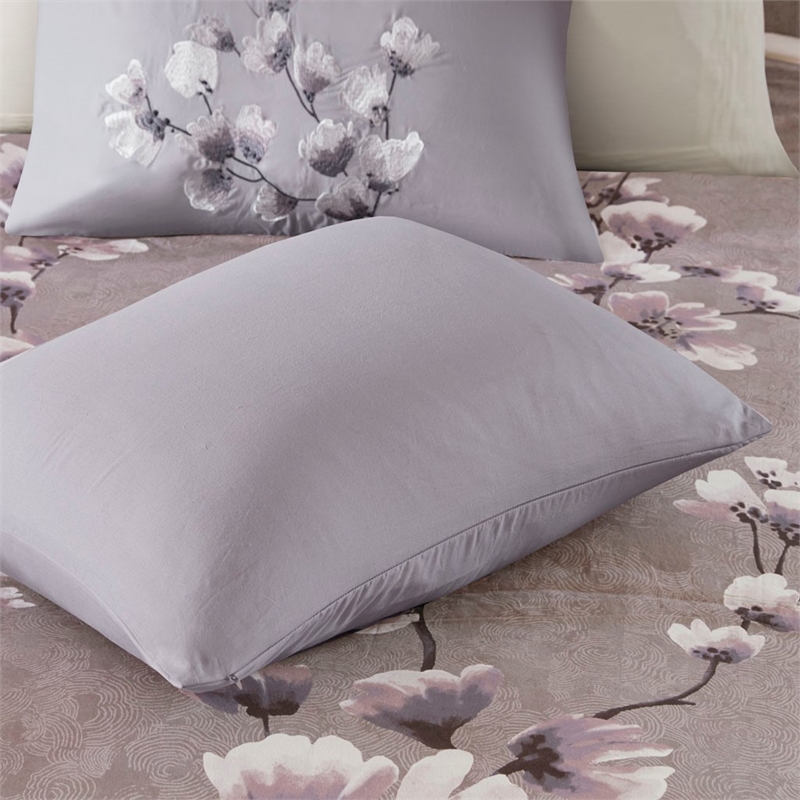 N Natori Sakura Blossom 3 Piece Cotton Sateen Printed Duvet Cover Set in Lilac