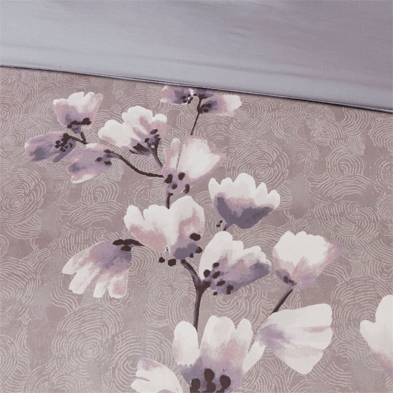N Natori Sakura Blossom 3 Piece Cotton Sateen Printed Duvet Cover Set in Lilac