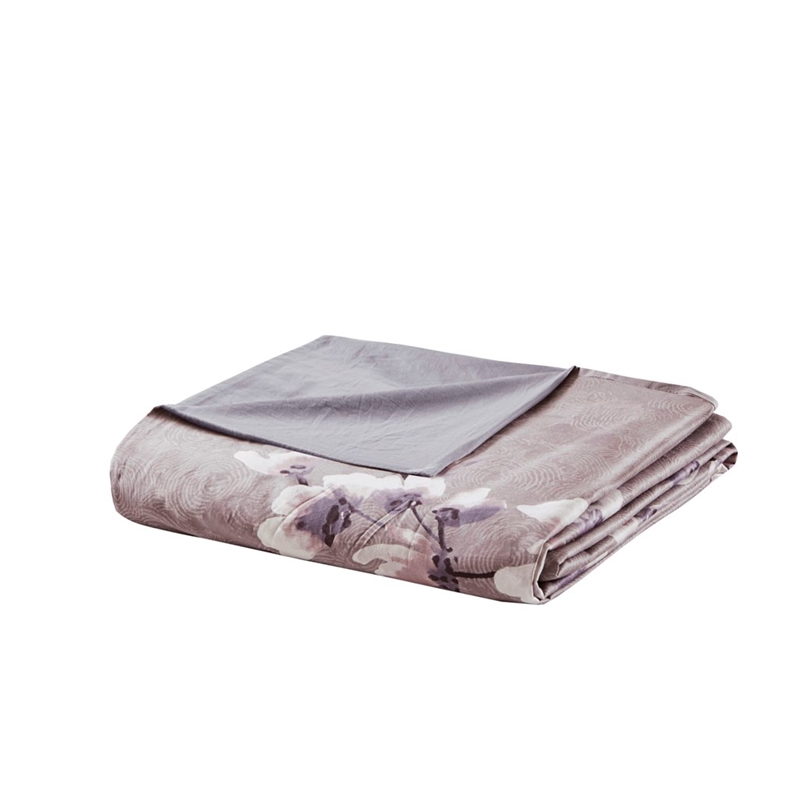N Natori Sakura Blossom 3 Piece Cotton Sateen Printed Duvet Cover Set in Lilac