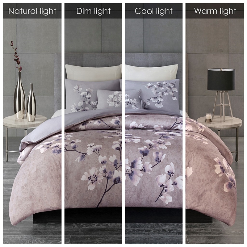N Natori Sakura Blossom 3 Piece Cotton Sateen Printed Duvet Cover Set in Lilac