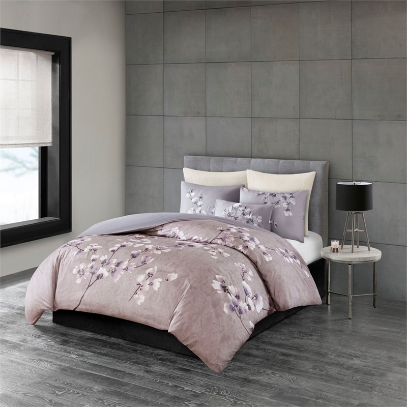 N Natori Sakura Blossom 3 Piece Cotton Sateen Printed Duvet Cover Set in Lilac