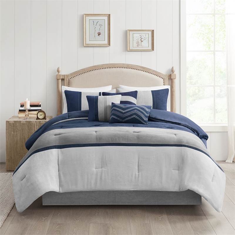 Madison Park Palisades 7 Piece Faux Suede Comforter Set in Blue
