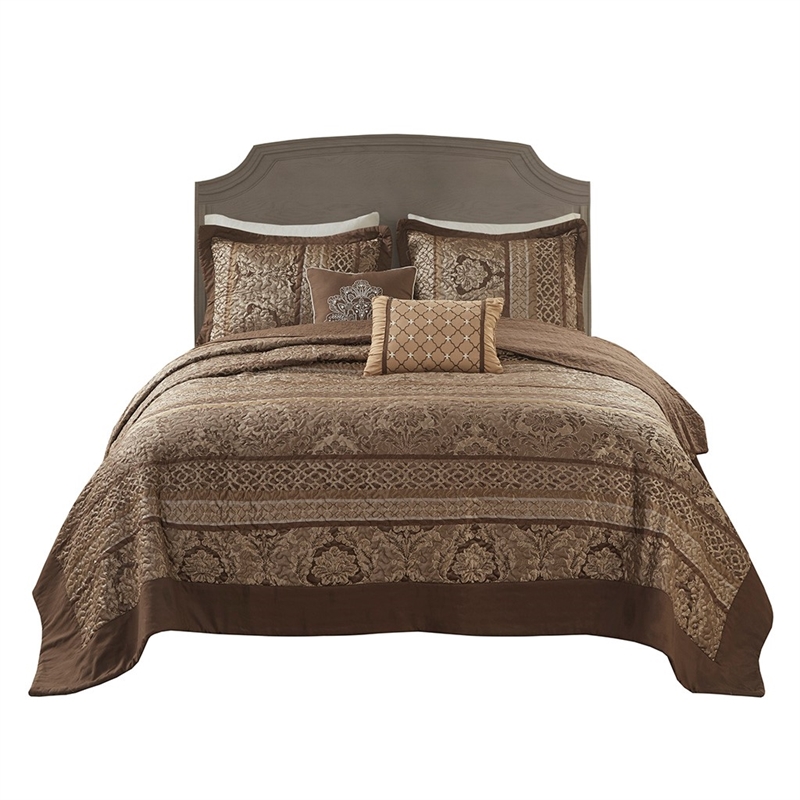 Madison Park Bellagio 5 Piece Reversible Jacquard Bedspread Set in Brown/Gold