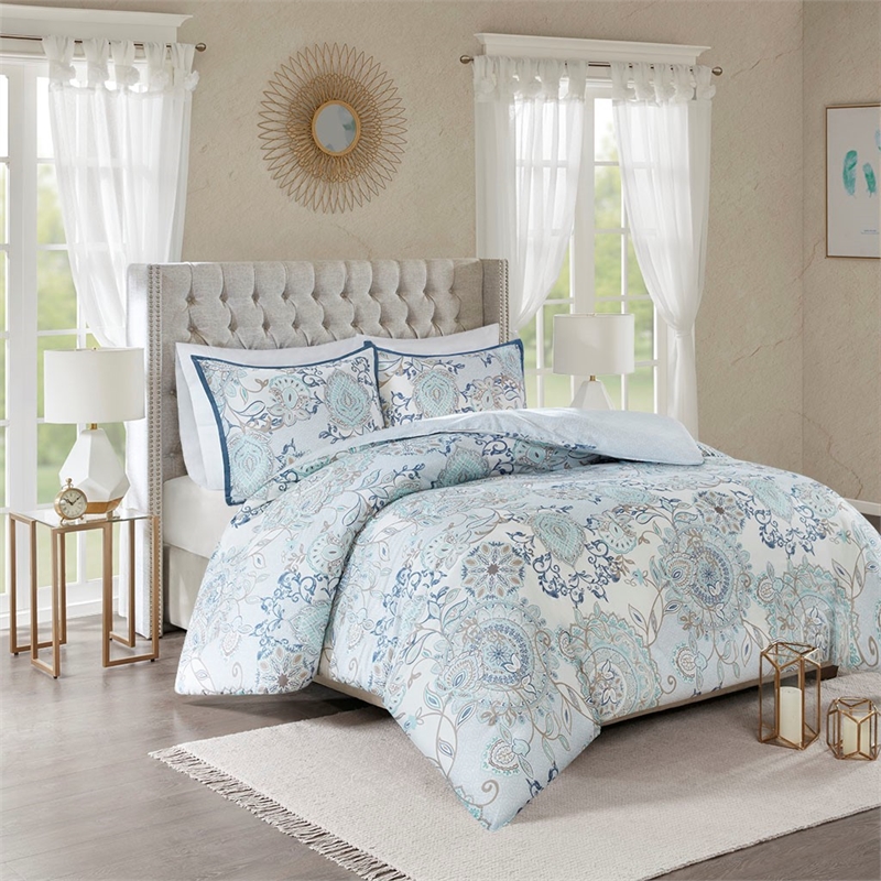 Madison Park Isla 3 Piece Cotton Floral Printed Reversible Duvet Cover Set Blue