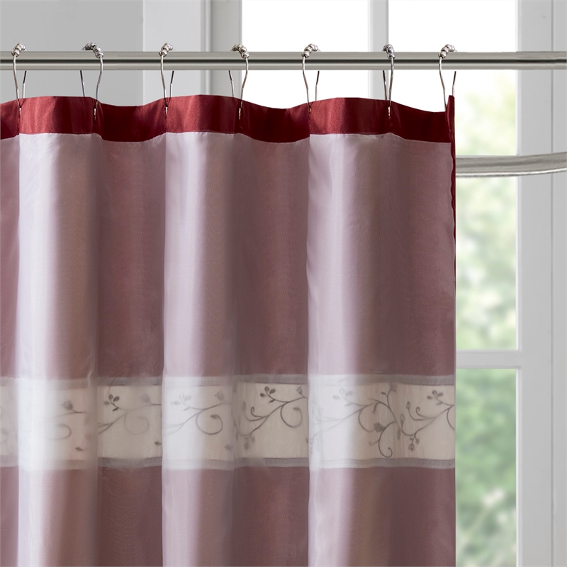 Madison Park Serene Faux Silk Embroidered Floral Shower Curtain in Red