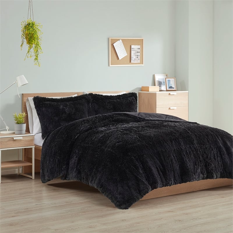 intelligent design malea shaggy long fur comforter mini set in black
