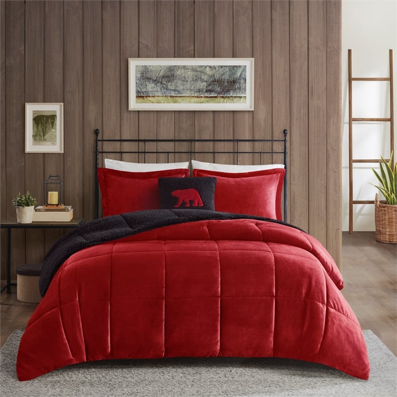 Woolrich Alton Plush to Sherpa Down Alternative Comforter Set in Red and Black