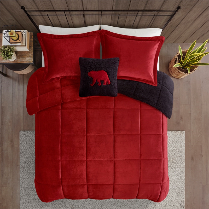 Woolrich Alton Plush to Sherpa Down Alternative Comforter Set in Red and Black