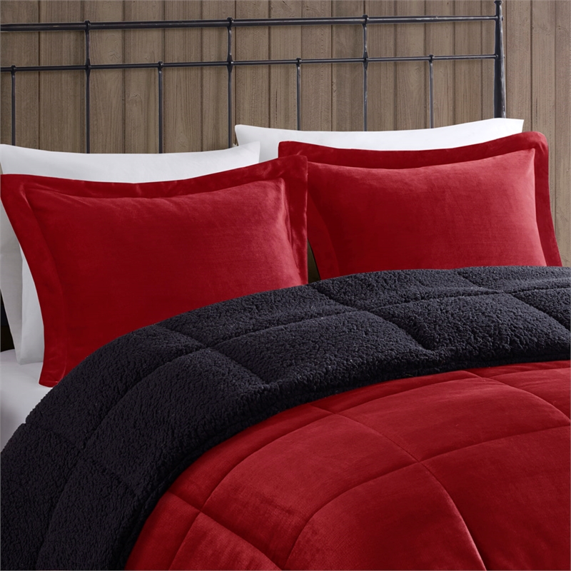 Woolrich Alton Plush to Sherpa Down Alternative Comforter Set in Red and Black