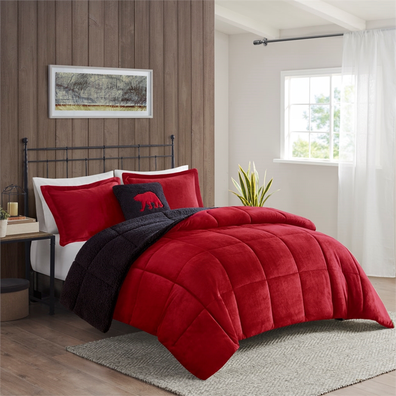 Woolrich Alton Plush to Sherpa Down Alternative Comforter Set in Red and Black