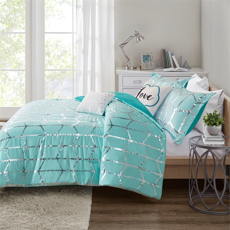 Intelligent Design Raina Metallic Printed Comforter Set in Aqua and Silver