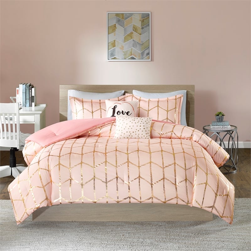Intelligent Design Raina Metallic Printed Comforter Set in Blush and Gold