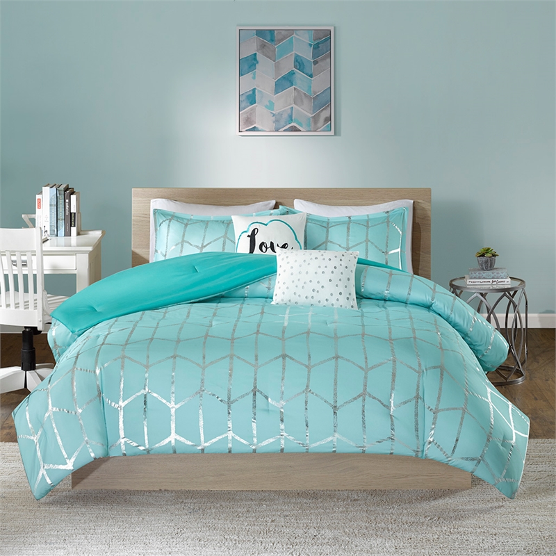 Intelligent Design Raina Metallic Printed Comforter Set in Aqua and Silver