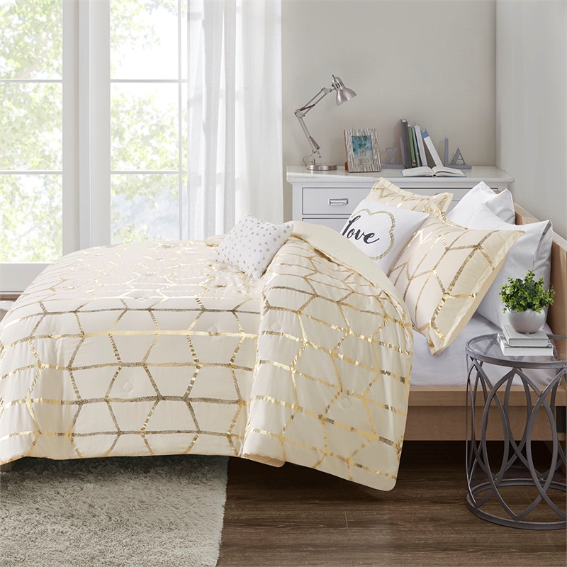 Intelligent Design Raina Metallic Printed Comforter Set in Ivory and Gold