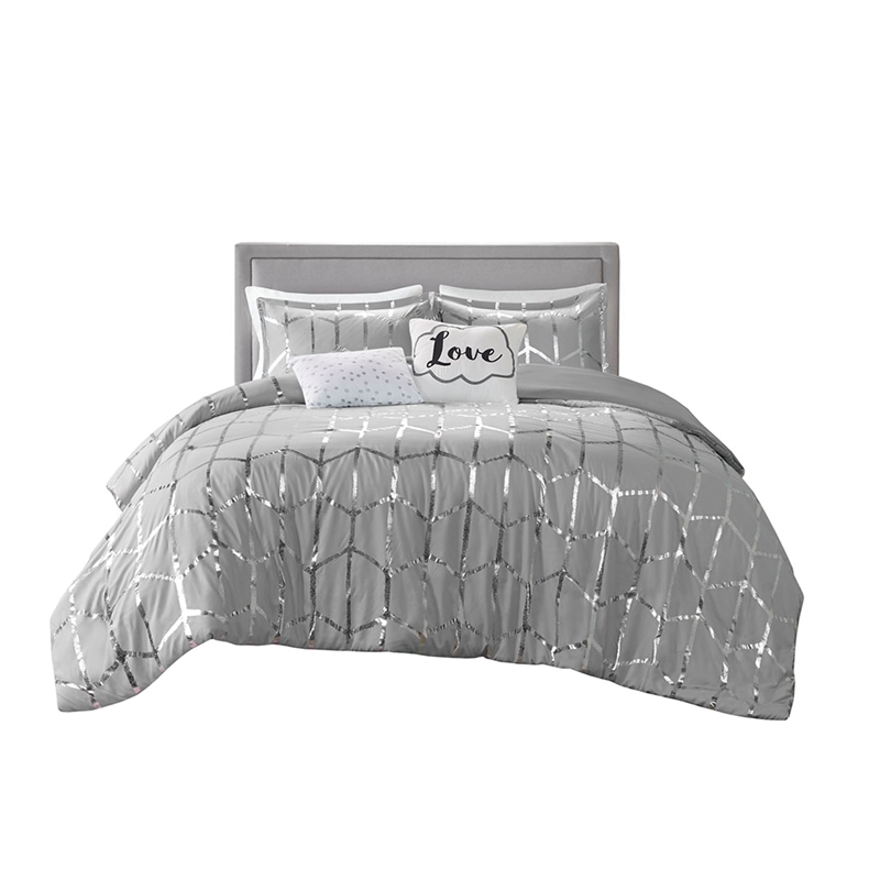 Intelligent Design Raina Metallic Printed Comforter Set in Grey and Silver