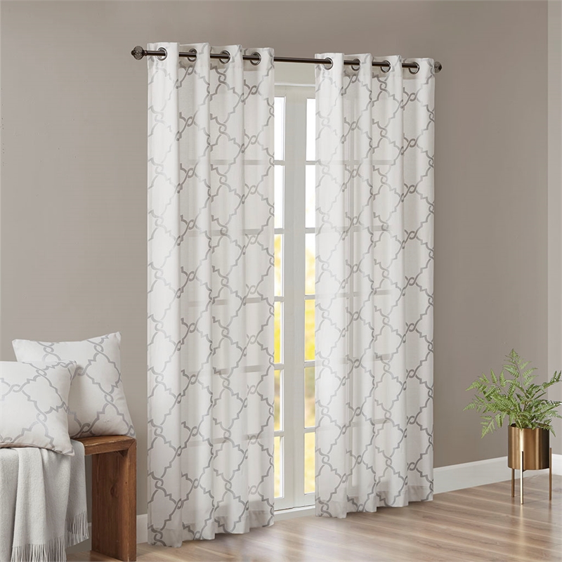 Madison Park Saratoga Fretwork Print Grommet Top Window Curtain in Ivory