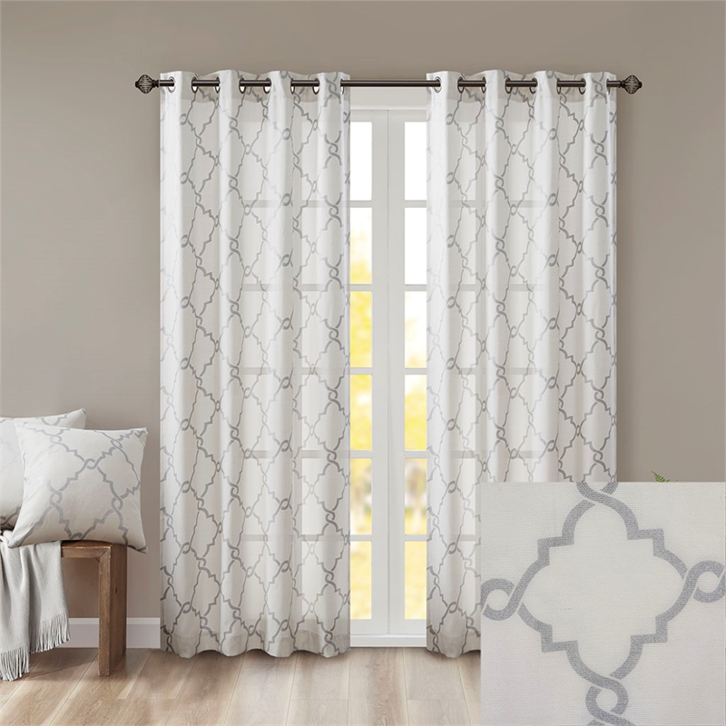Madison Park Saratoga Fretwork Print Grommet Top Window Curtain in Ivory