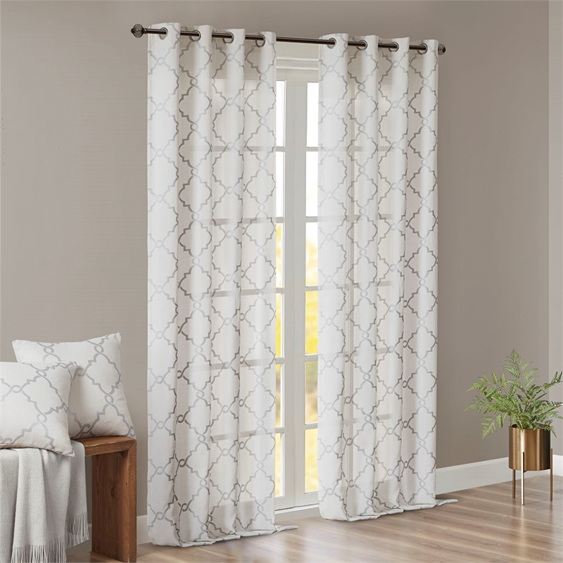 Madison Park Saratoga Fretwork Print Grommet Top Window Curtain in Ivory
