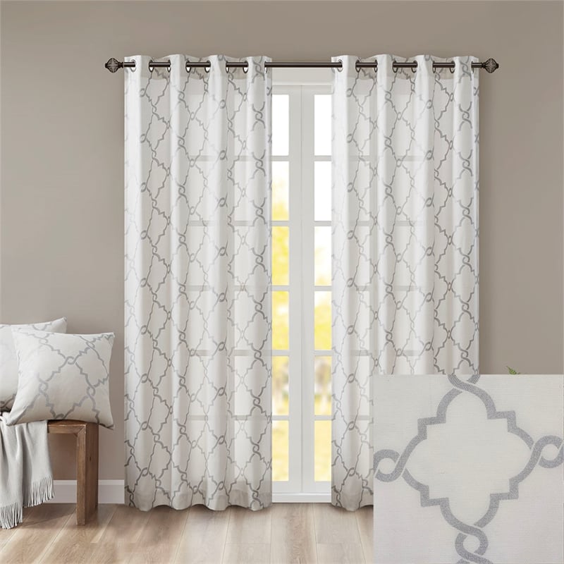 Madison Park Saratoga Fretwork Print Grommet Top Window Curtain in Ivory