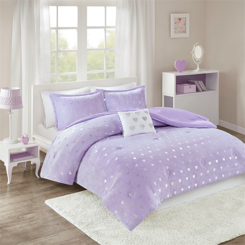 Mi Zone Rosalie Metallic Printed Plush Comforter Set in Purple and Silver