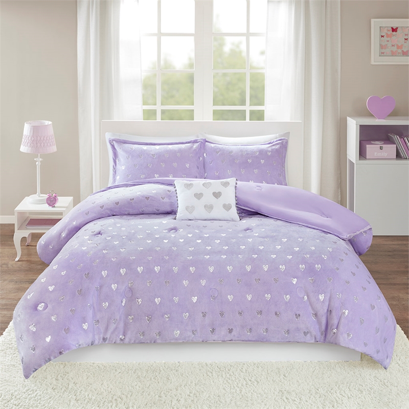 Mi Zone Rosalie Metallic Printed Plush Comforter Set in Purple and Silver