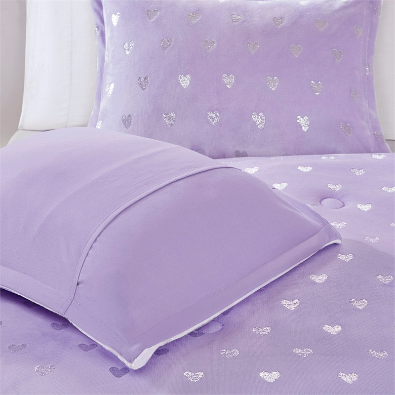 Mi Zone Rosalie Metallic Printed Plush Comforter Set in Purple and Silver