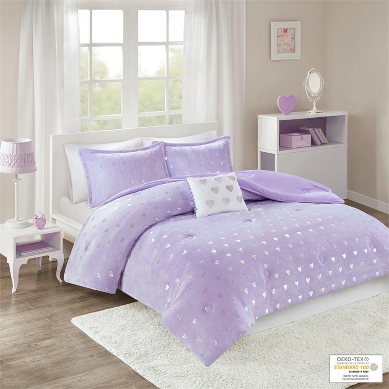 Mi Zone Rosalie Metallic Printed Plush Comforter Set in Purple and Silver
