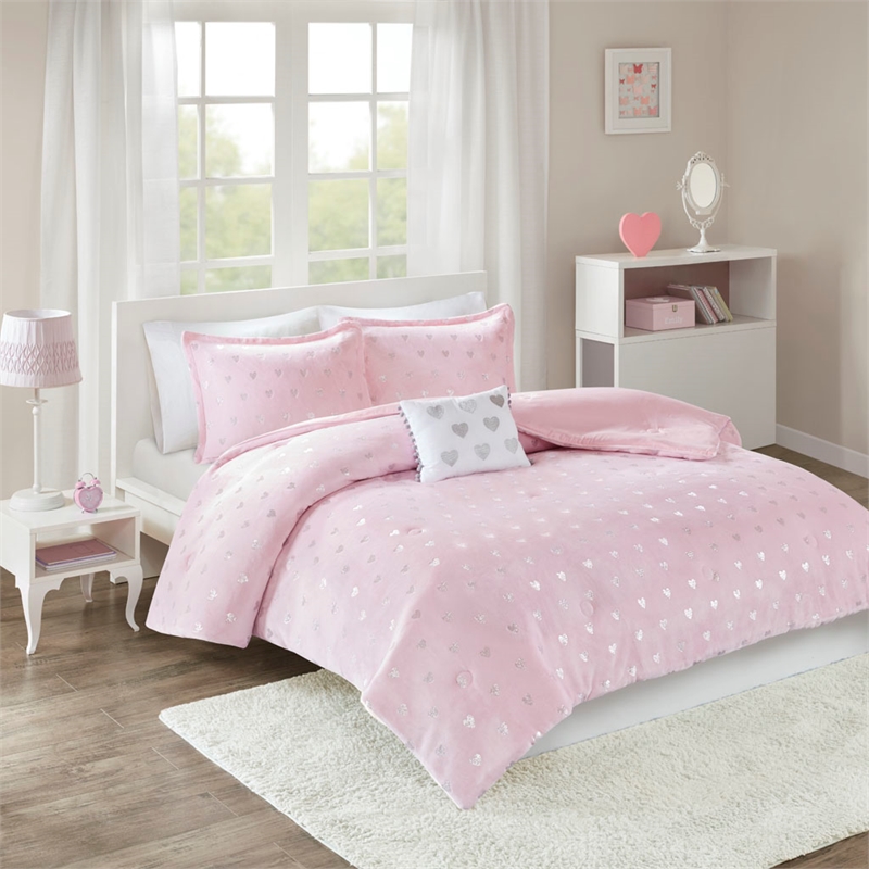 Mi Zone Rosalie Metallic Printed Plush Comforter Set in Pink and Silver