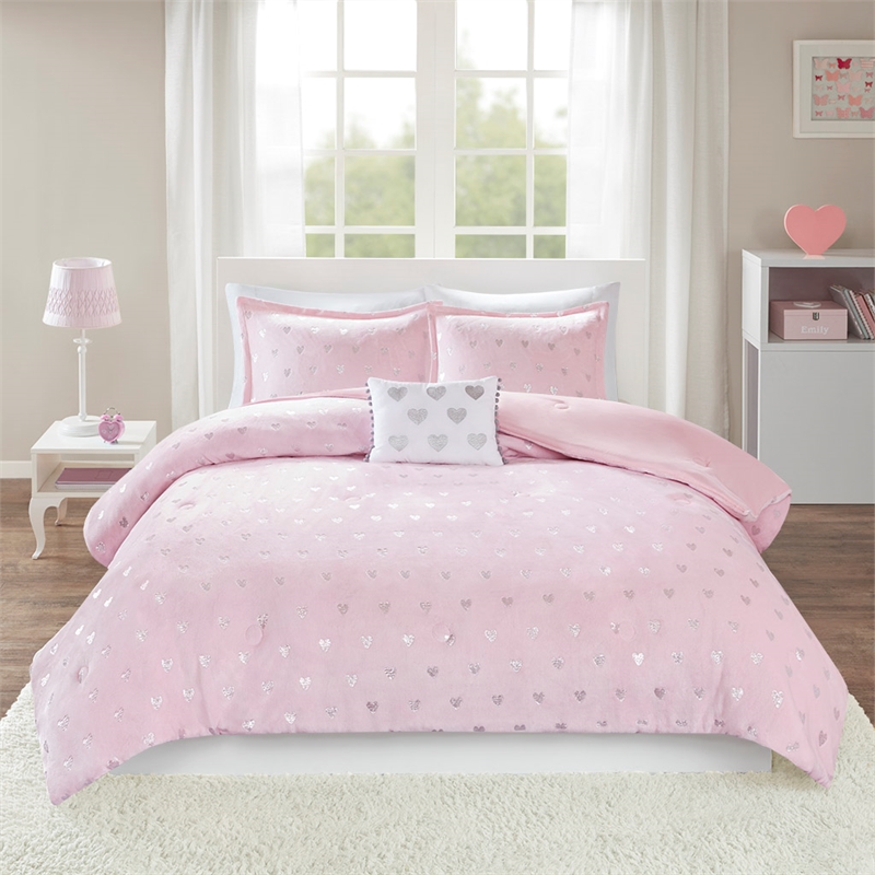 Mi Zone Rosalie Metallic Printed Plush Comforter Set in Pink and Silver