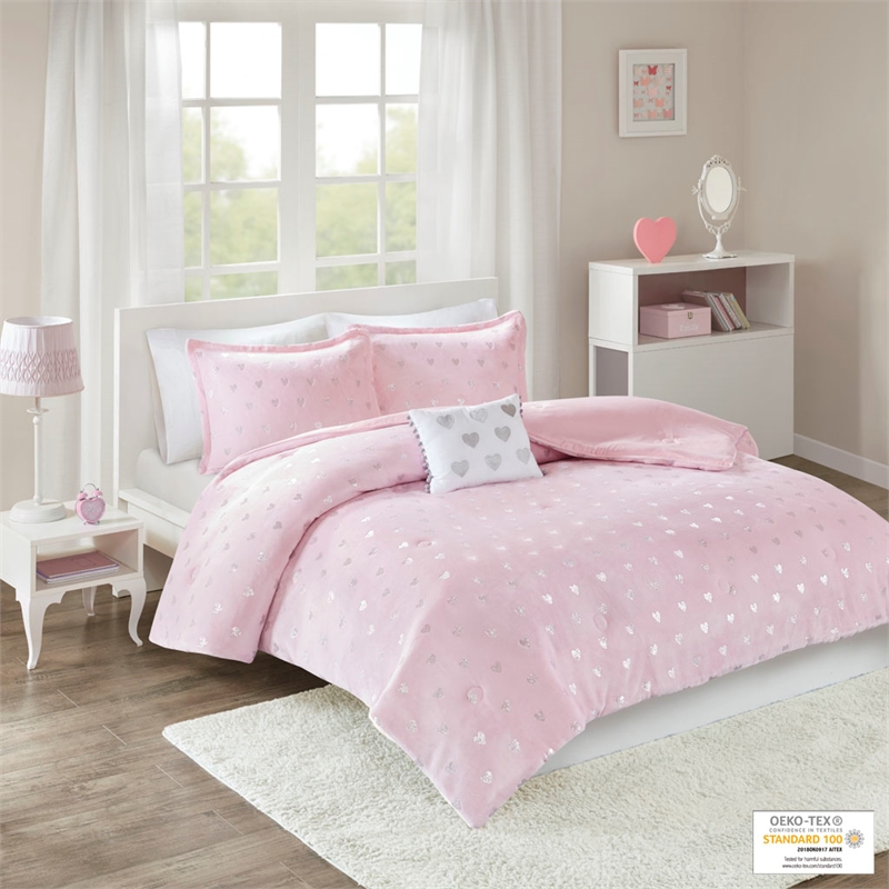 Mi Zone Rosalie Metallic Printed Plush Comforter Set in Pink and Silver