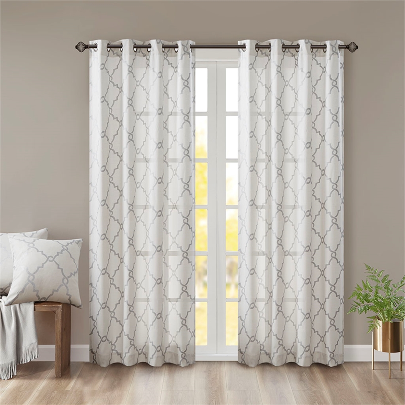 Madison Park Saratoga Fretwork Print Grommet Top Window Curtain in Ivory