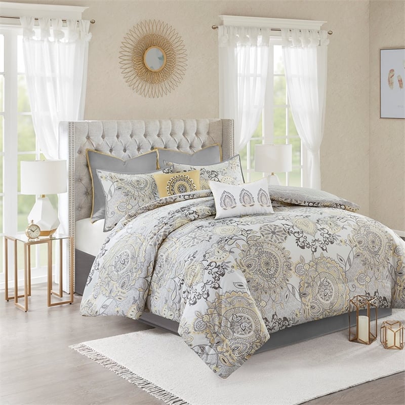 Madison Park Isla 8-Piece Cotton Floral Printed Comforter Set in Yellow